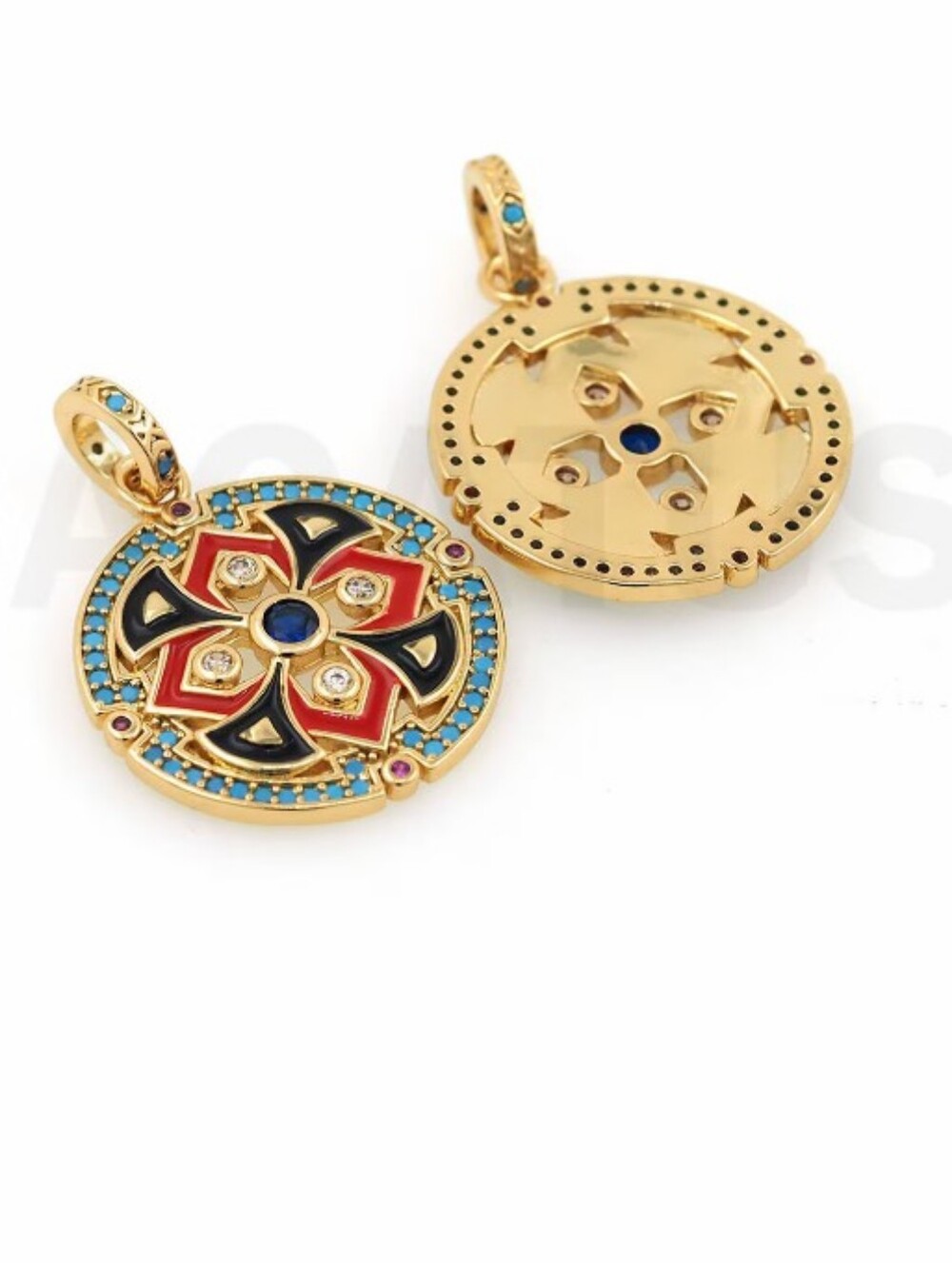 Boho Medallion Pendant 18k Gold Filled, Vintage Mandela Charm, Turquoise Accents